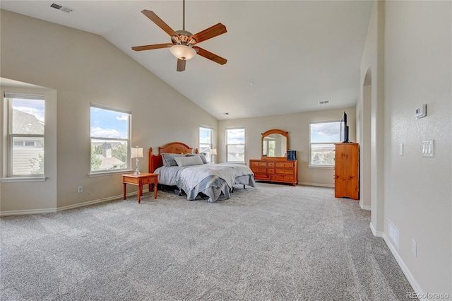 4864 Harness Ct, Parker, CO 80134 - bedroom with carpet floors, baseboards, arched walkways, ceiling fan, and high vaulted ceiling