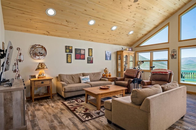 living room featuring high vaulted ceiling, dark hardwood / wood-style flooring, and wood ceiling