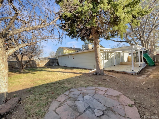 view of yard with a deck and a fenced backyard