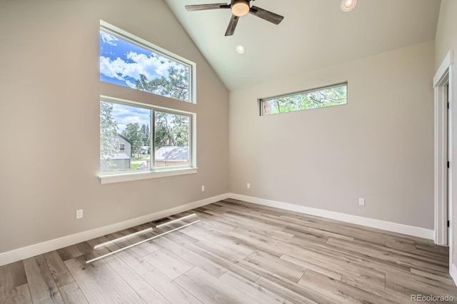 211 E Pikes Peak Ave, Woodland Park, CO 80863 - unfurnished bedroom with light wood finished floors, high vaulted ceiling, recessed lighting, and a ceiling fan
