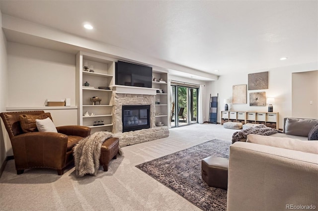 1570 Blakcomb Ct, Evergreen, CO 80439 - living room featuring carpet floors, a stone fireplace, and recessed lighting
