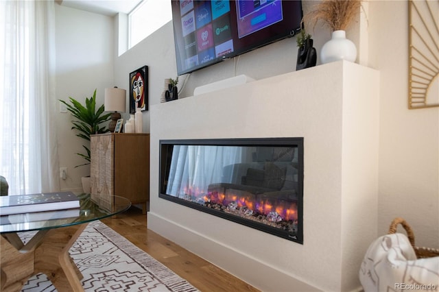 interior details with a glass covered fireplace and wood finished floors