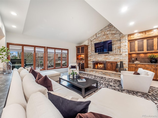 62 N Ranch Rd, Littleton, CO 80127 - living room featuring a fireplace, recessed lighting, and high vaulted ceiling
