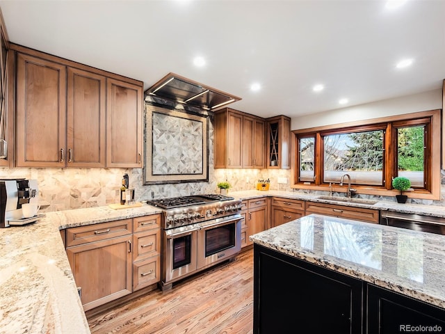 62 N Ranch Rd, Littleton, CO 80127 - kitchen with appliances with stainless steel finishes, a sink, custom range hood, light wood-style floors, and backsplash