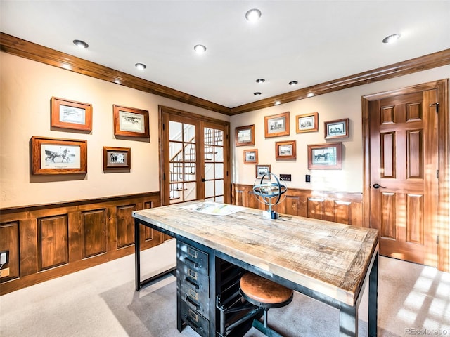 62 N Ranch Rd, Littleton, CO 80127 - office space featuring light carpet, a wainscoted wall, ornamental molding, wood walls, and french doors