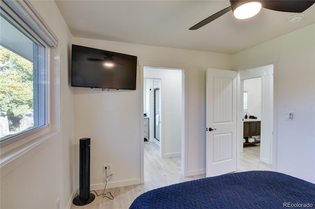 unfurnished bedroom with light hardwood / wood-style flooring and ceiling fan