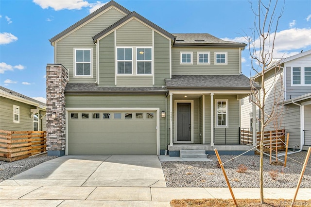 view of front of house with a porch, an attached garage, a shingled roof, fence, and concrete driveway