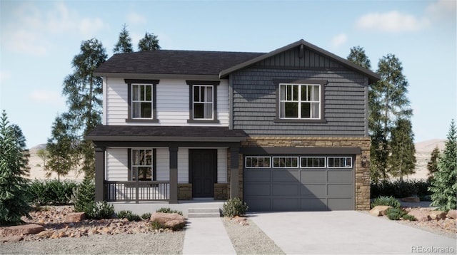 view of front of property with covered porch, roof with shingles, an attached garage, stone siding, and driveway