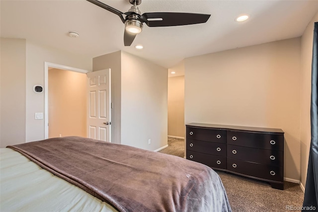 carpeted bedroom featuring baseboards, a ceiling fan, and recessed lighting