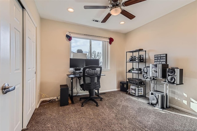 carpeted home office with visible vents, baseboards, a ceiling fan, and recessed lighting