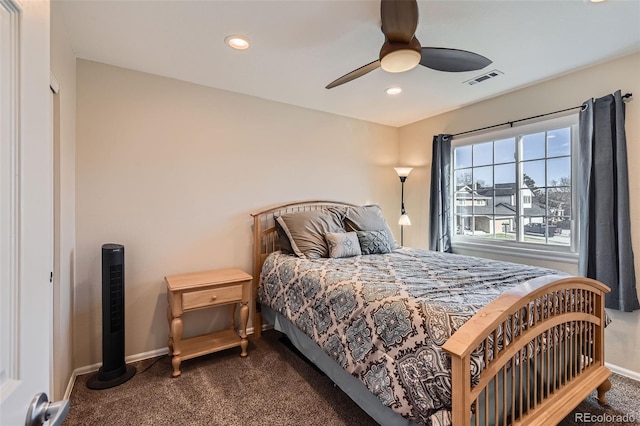 bedroom with dark colored carpet, recessed lighting, visible vents, a ceiling fan, and baseboards