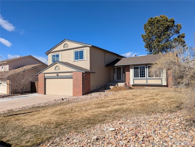 split level home featuring concrete driveway, brick siding, and a front lawn