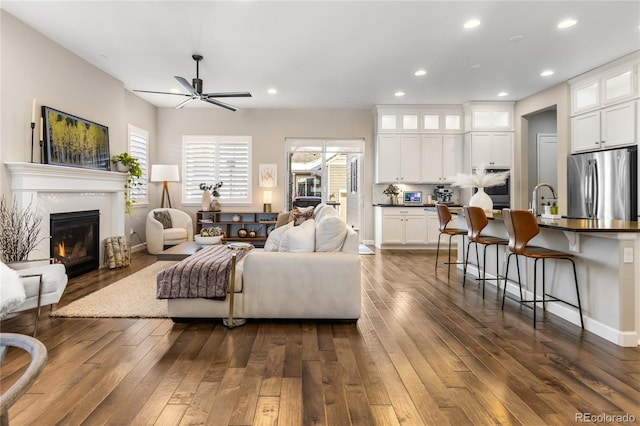 living room with ceiling fan, dark hardwood / wood-style floors, and sink