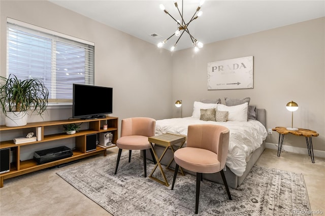 bedroom featuring visible vents, baseboards, a notable chandelier, and carpet flooring