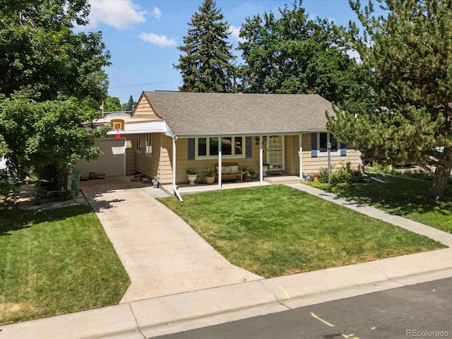 1827 S Fairfax St, Denver, CO 80222 - ranch-style home with driveway, a front lawn, a garage, a shingled roof, and covered porch