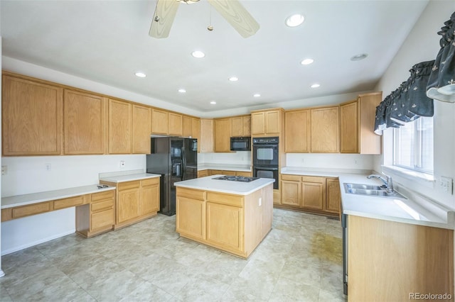 19076 E Lasalle Pl, Aurora, CO 80013 - kitchen with black appliances, light countertops, a kitchen island, recessed lighting, and a ceiling fan