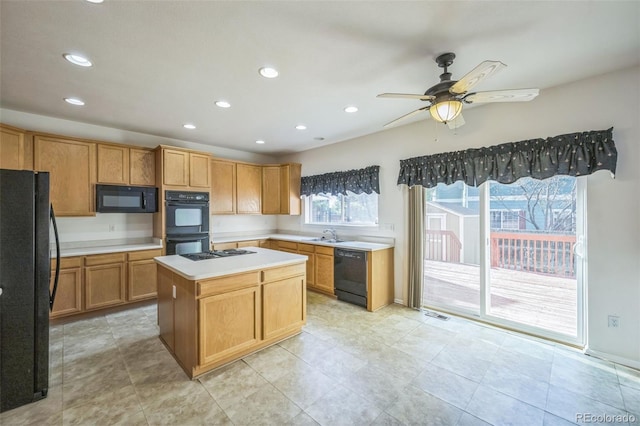 19076 E Lasalle Pl, Aurora, CO 80013 - kitchen with black appliances, light countertops, recessed lighting, a kitchen island, and ceiling fan