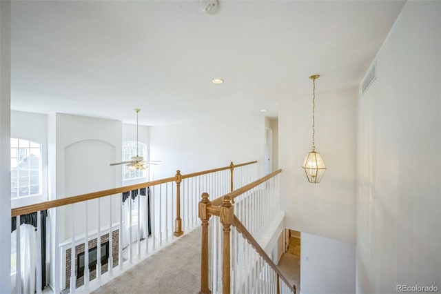 19076 E Lasalle Pl, Aurora, CO 80013 - hall with carpet flooring, an upstairs landing, and recessed lighting