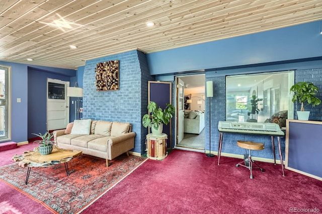 6995 W 27th Ave, Wheat Ridge, CO 80033 - carpeted living area featuring wood ceiling and brick wall
