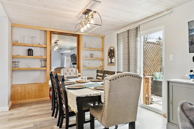 dining room with light wood finished floors, wooden walls, wainscoting, and wooden ceiling