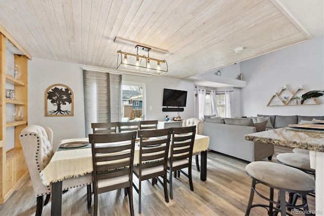 dining area with light wood finished floors, plenty of natural light, and wood ceiling