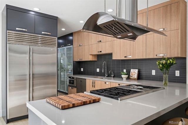 kitchen with stainless steel appliances, island exhaust hood, a sink, and modern cabinets