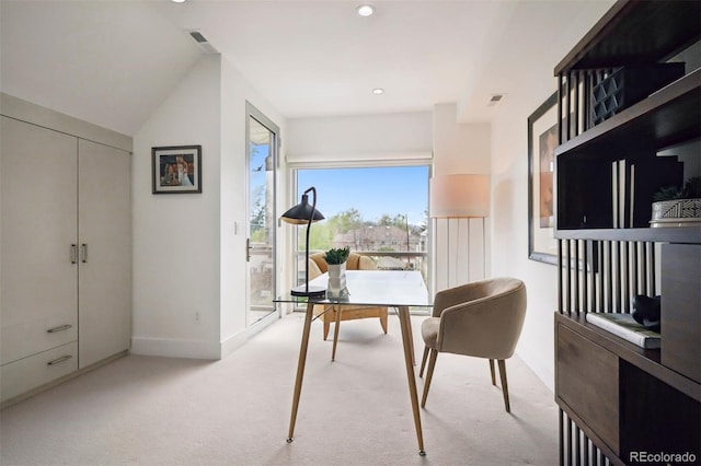 office area featuring carpet floors, recessed lighting, and baseboards