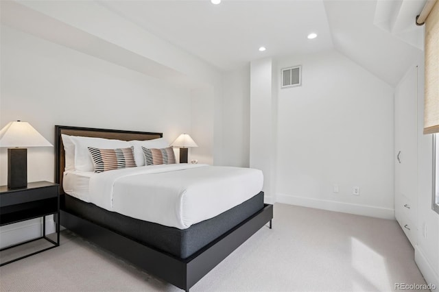 bedroom featuring carpet, recessed lighting, baseboards, lofted ceiling, and visible vents