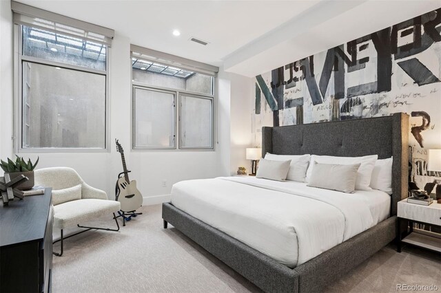 bedroom featuring carpet, recessed lighting, and visible vents