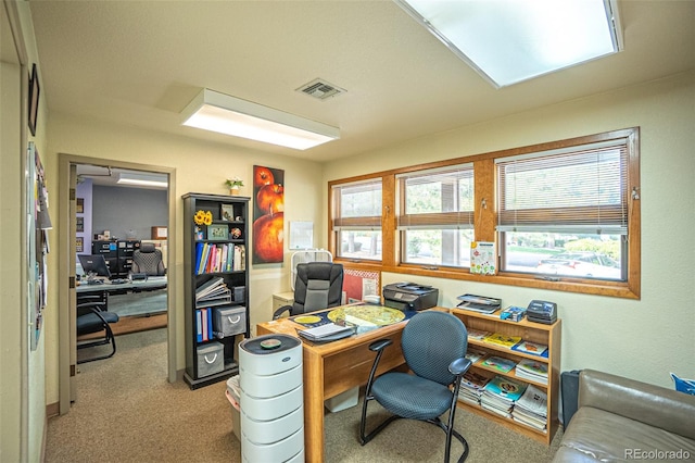 home office with light carpet