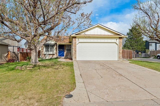 12116 N Fairfax St, Thornton, CO 80241 - ranch-style house featuring concrete driveway, an attached garage, a front lawn, and fence