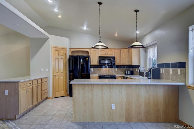 11577 Cranston Dr, Peyton, CO 80831 - kitchen featuring black appliances, a peninsula, a sink, decorative backsplash, and light countertops