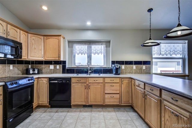 11577 Cranston Dr, Peyton, CO 80831 - kitchen featuring black appliances, a sink, backsplash, decorative light fixtures, and light tile patterned flooring