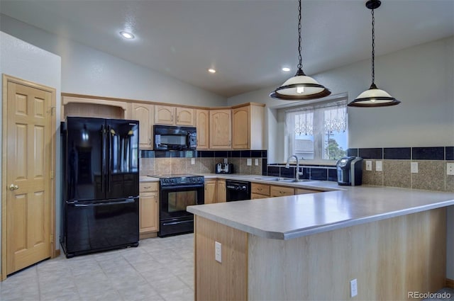 11577 Cranston Dr, Peyton, CO 80831 - kitchen featuring black appliances, light brown cabinets, light countertops, a sink, and vaulted ceiling
