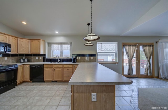 11577 Cranston Dr, Peyton, CO 80831 - kitchen featuring black appliances, a sink, a peninsula, light brown cabinets, and backsplash