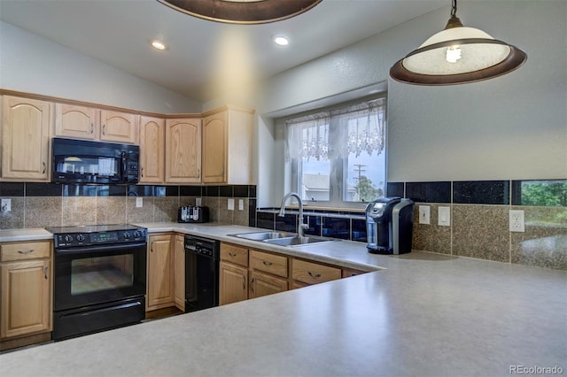 11577 Cranston Dr, Peyton, CO 80831 - kitchen featuring black appliances, a sink, light brown cabinets, decorative backsplash, and recessed lighting