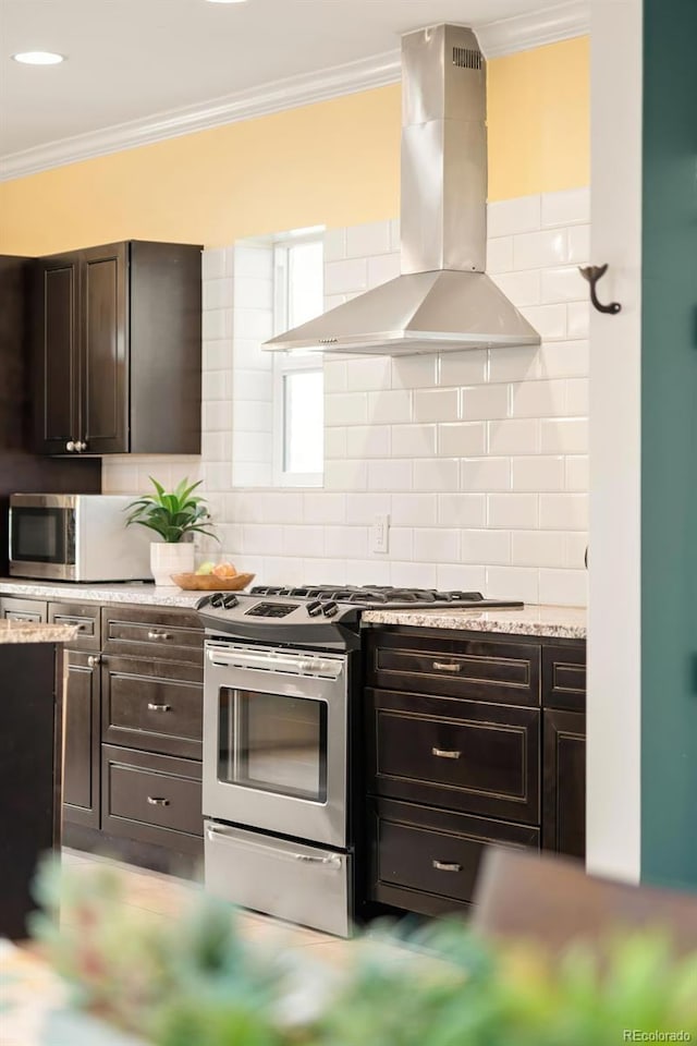 kitchen featuring island exhaust hood, tasteful backsplash, appliances with stainless steel finishes, ornamental molding, and dark brown cabinets