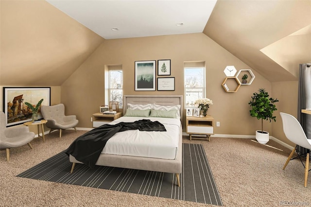 carpeted bedroom featuring lofted ceiling, multiple windows, and baseboards