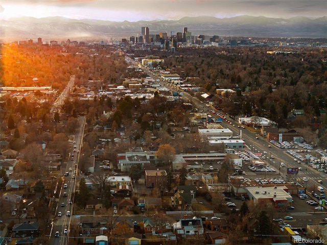 drone / aerial view featuring a mountain view