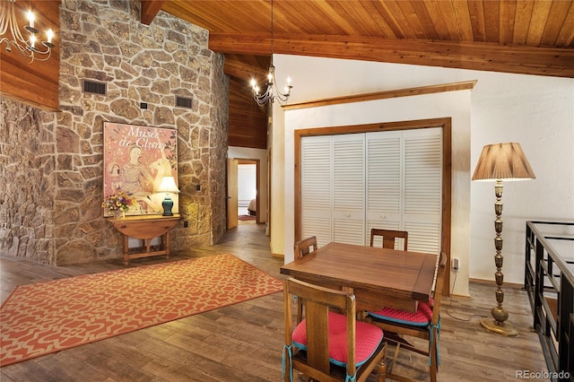 1000 Ponderosa Way, Woodland Park, CO 80863 - dining area with a chandelier, wood ceiling, and wood-type flooring