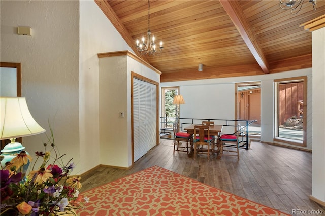 1000 Ponderosa Way, Woodland Park, CO 80863 - dining space featuring a chandelier, wood ceiling, wood-type flooring, and lofted ceiling