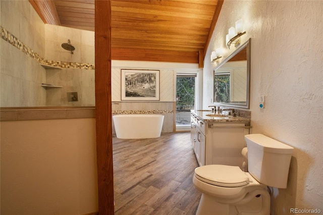 1000 Ponderosa Way, Woodland Park, CO 80863 - bathroom with wooden ceiling, vanity, a freestanding tub, tiled shower, and a textured wall