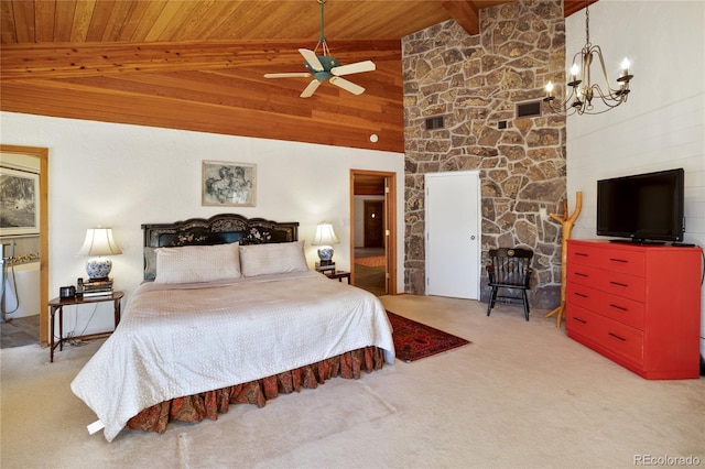 1000 Ponderosa Way, Woodland Park, CO 80863 - carpeted bedroom featuring a wooden ceiling with exposed beams, a chandelier, and high vaulted ceiling