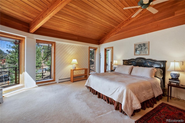 1000 Ponderosa Way, Woodland Park, CO 80863 - bedroom featuring a baseboard heating unit, access to exterior, carpet floors, wooden ceiling, and ceiling fan
