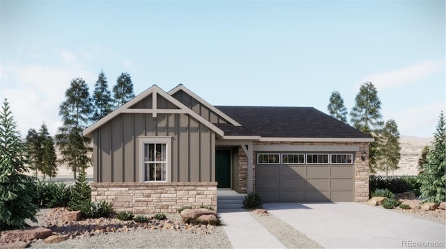 tudor house with board and batten siding, stone siding, an attached garage, and concrete driveway