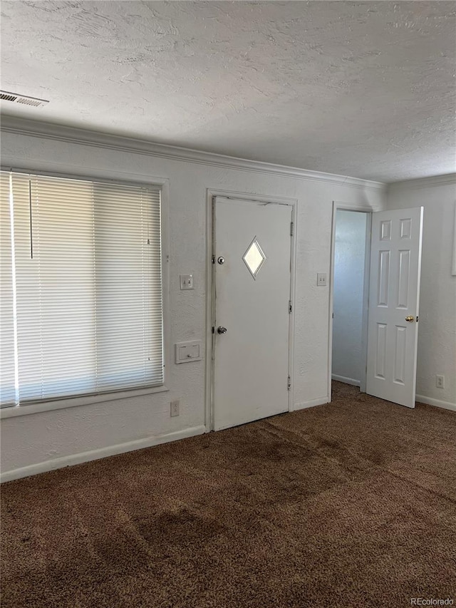 carpeted foyer featuring a healthy amount of sunlight and a textured ceiling