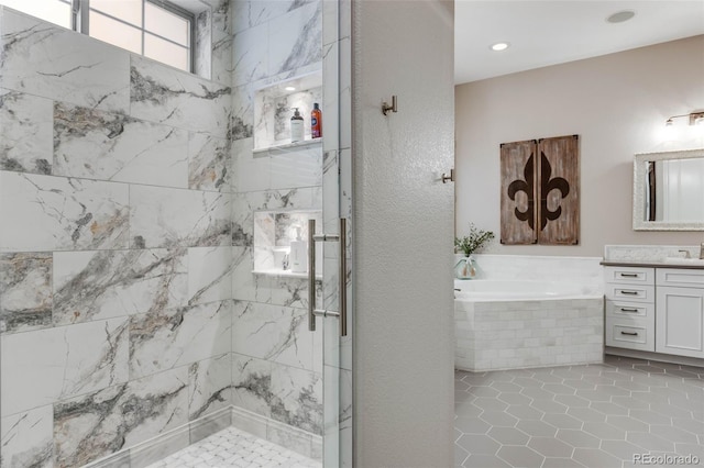 360 Basilwood Way, Highlands Ranch, CO 80126 - full bathroom featuring vanity, a bath, a stall shower, and tile patterned flooring