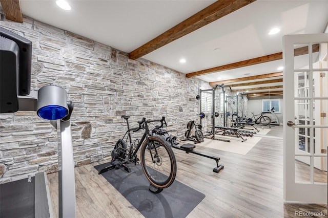 360 Basilwood Way, Highlands Ranch, CO 80126 - gym with beamed ceiling, wood finished floors, and recessed lighting