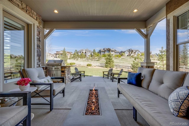 360 Basilwood Way, Highlands Ranch, CO 80126 - view of patio featuring an outdoor living space with a fire pit, area for grilling, and a residential view