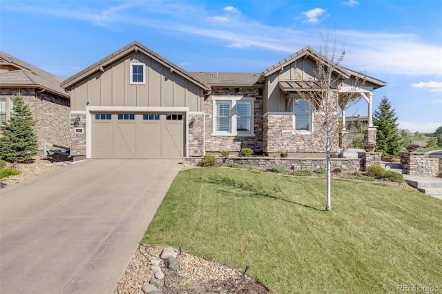360 Basilwood Way, Highlands Ranch, CO 80126 - craftsman-style home featuring board and batten siding, a garage, concrete driveway, stone siding, and a front lawn